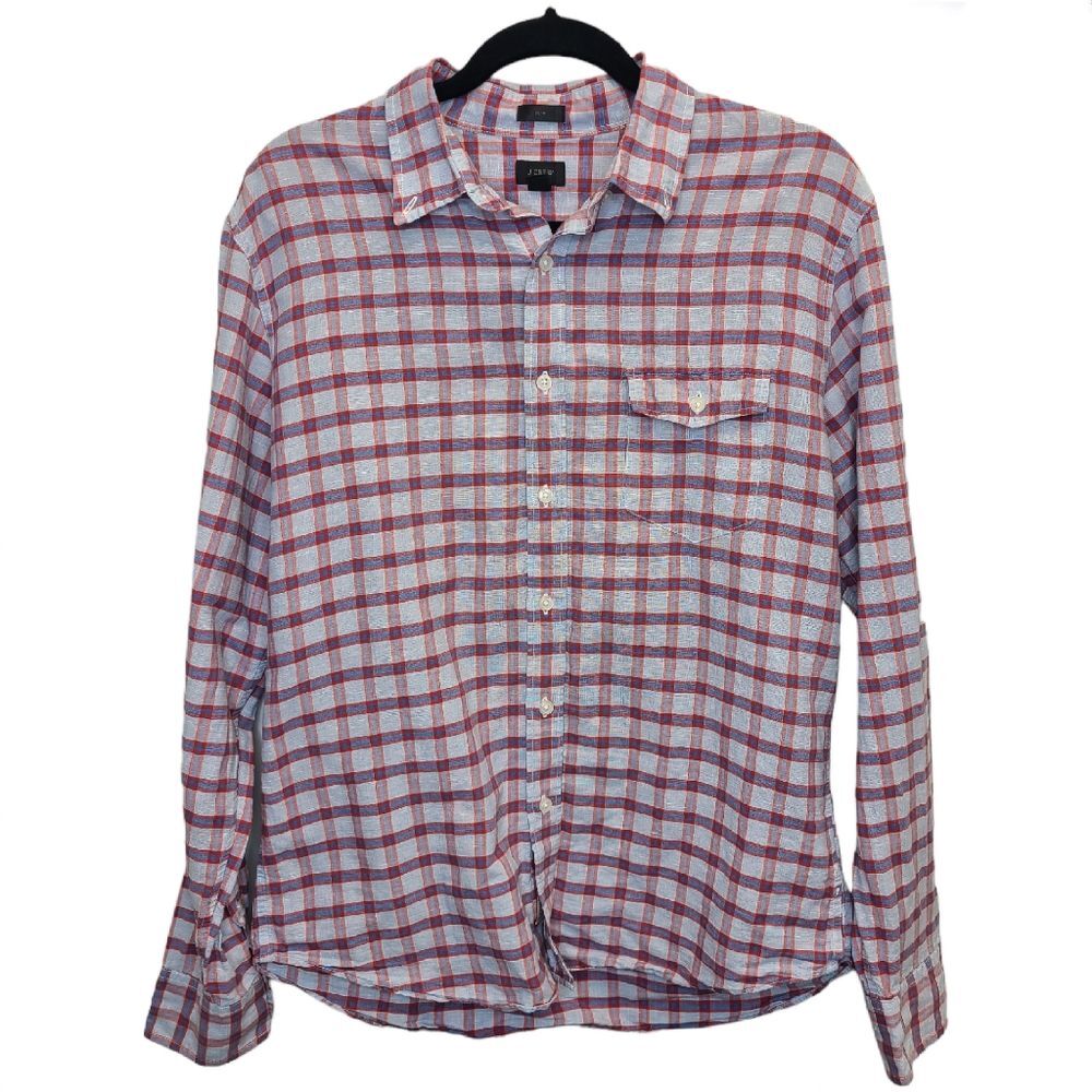 J. Crew Mens Slim Fit Blue Red Linen Plaid Button Down Shirt Large